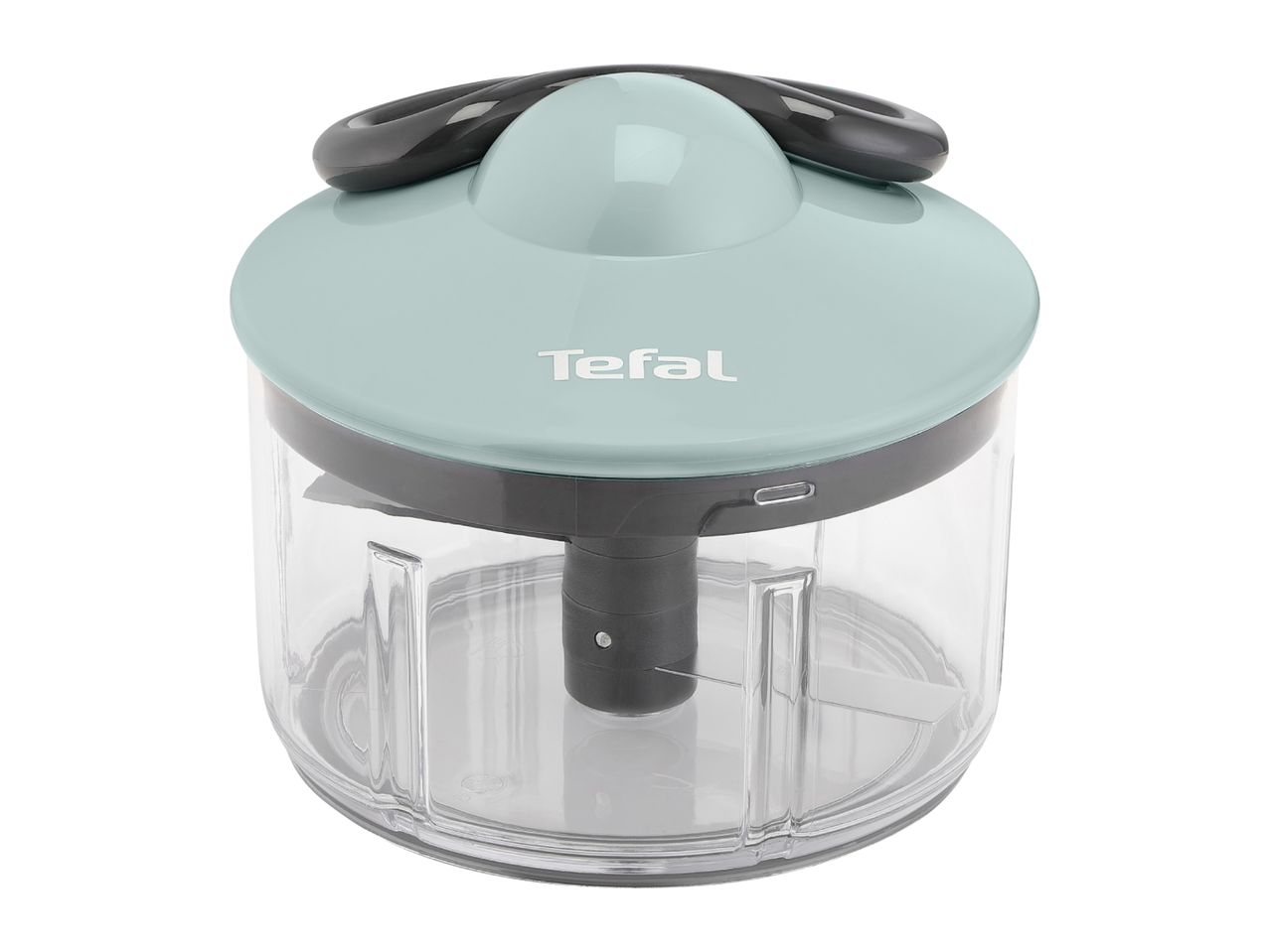 Manual food chopper with a light green lid and clear container