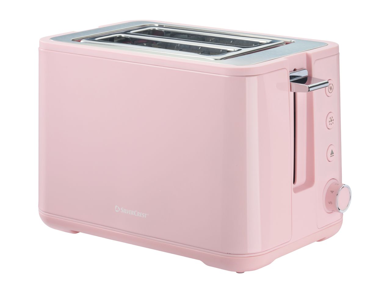 Pink toaster with two slots, control buttons, and a browning dial.