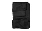 Folded black car seat organizer with pockets and mesh compartments
