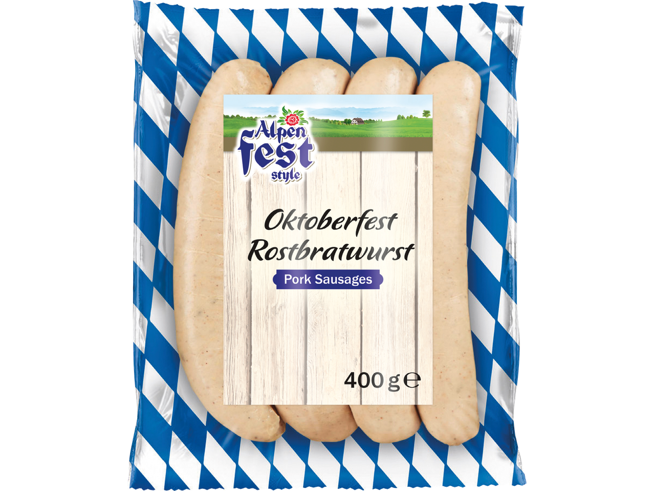 Alpen Fest Oktoberfest Rostbratwurst fläskkorvar i förpackning med bayerskt mönster.