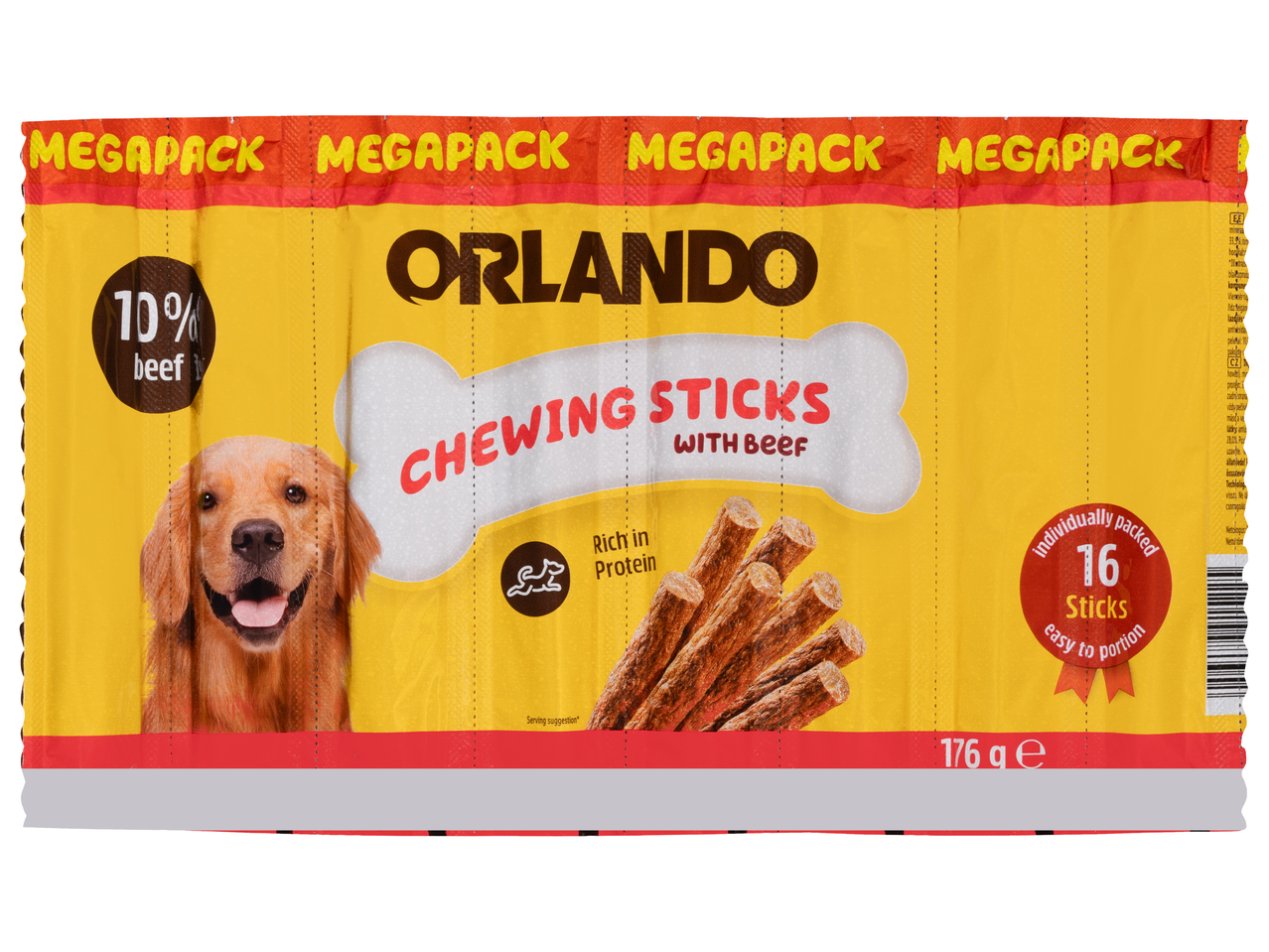 Orlando rágó pálcikák marhával: 16 egyenként csomagolt pálcika megapakkban.