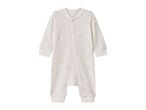 White baby sleepsuit with a star pattern and snap buttons.