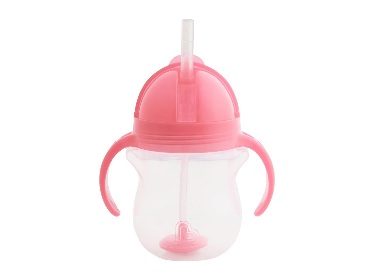Pink baby sippy cup with handles and a straw