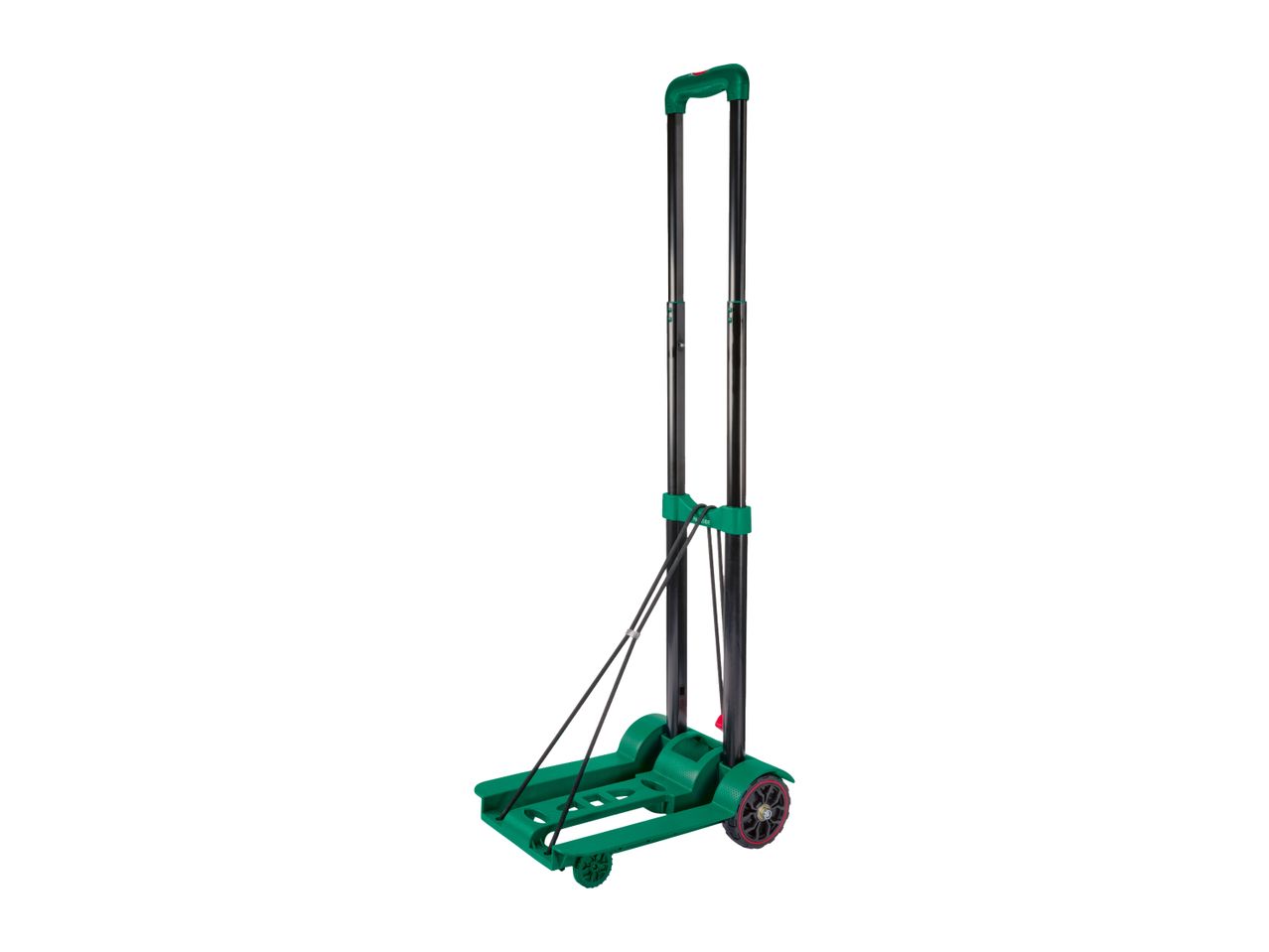 Green folding hand truck with black telescoping handle and wheels.