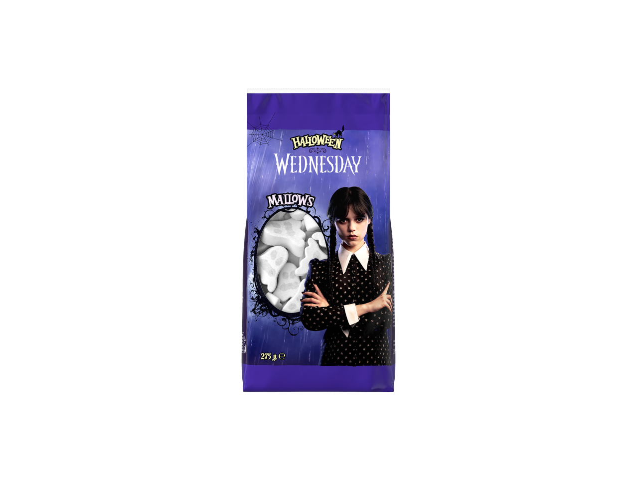 Helovino Wednesday Mallows saldainių maišelis su vaiduoklių formos zefyrais ir Wednesday Addams.