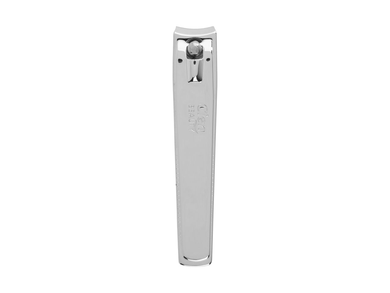 A silver nail clipper with a straight, rectangular handle.