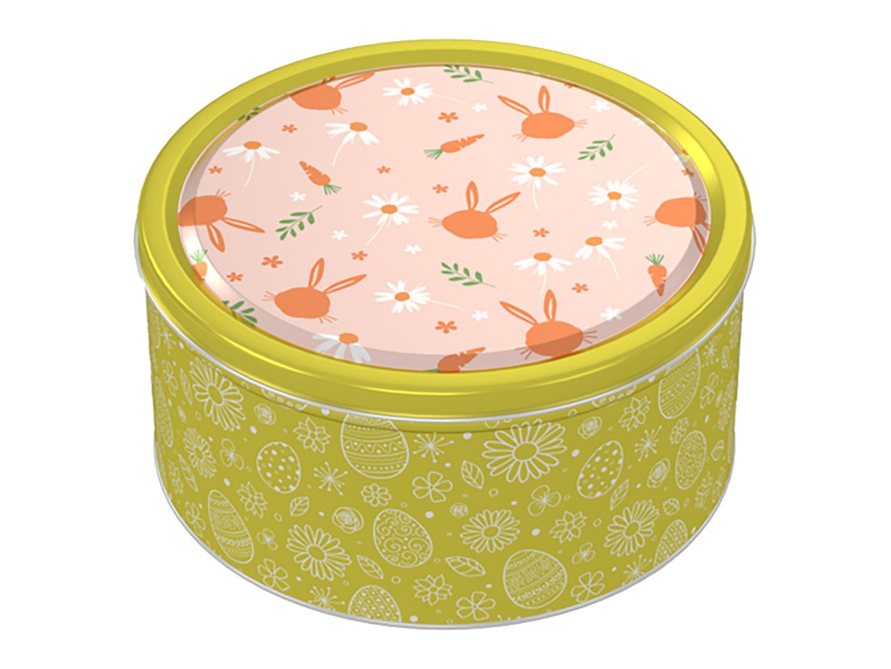 Easter tin with bunny and carrot lid, and egg and flower pattern on the side.