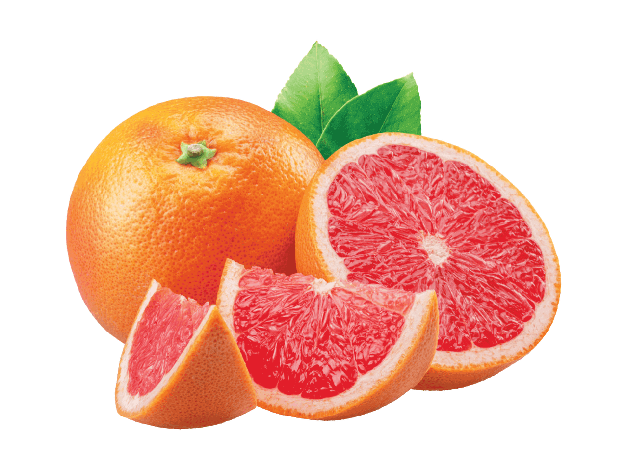 Greipfrutai: visas, perpjautas pusiau ir dvi skiltelės su žaliais lapeliais.