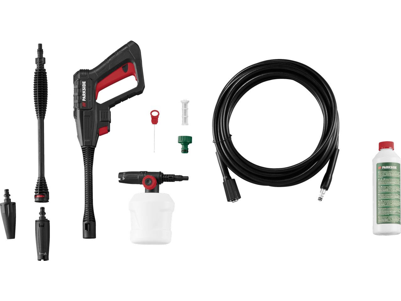 Parkside® 2000W Flexible Pressure Washer with gun, hose, nozzles, detergent bottle, and accessories.