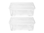 Two clear plastic storage boxes with lids, stacked vertically on a white background.