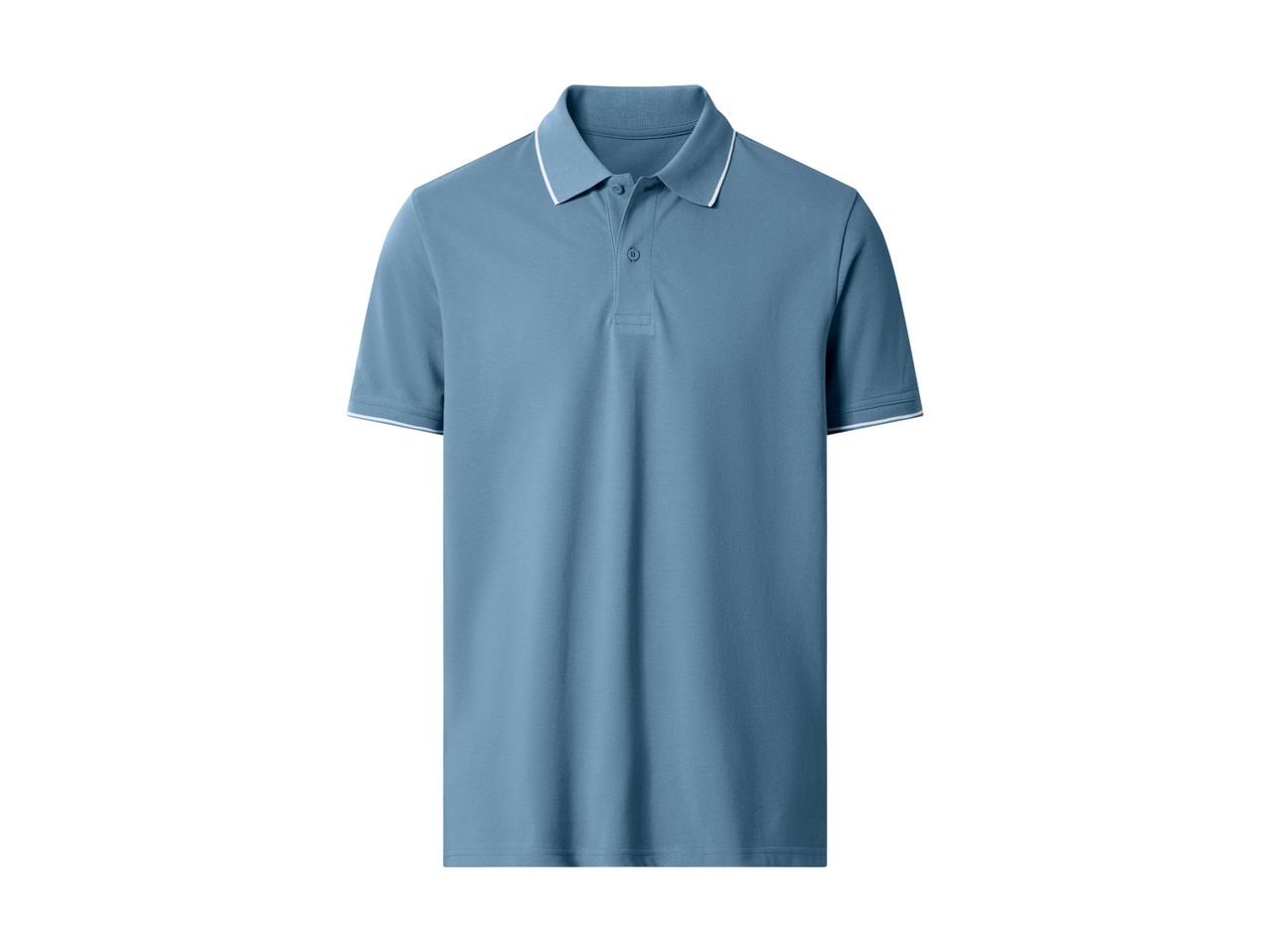 Light blue polo shirt with white trim on the collar and sleeves
