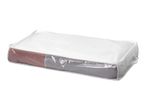 A clear plastic storage bag with a white fabric top, containing folded textiles in red and gray.