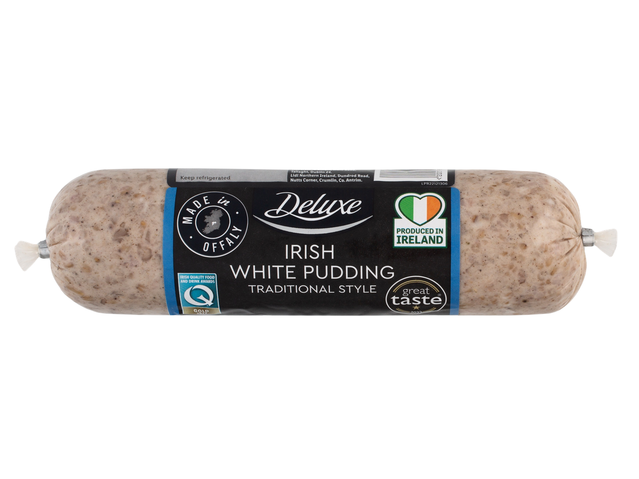 Deluxe Irish White Pudding, traditional style, produced in Ireland.