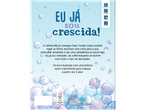 Capa de livro infantil 'Eu já sou crescida!' com bolhas e texto sobre o crescimento.