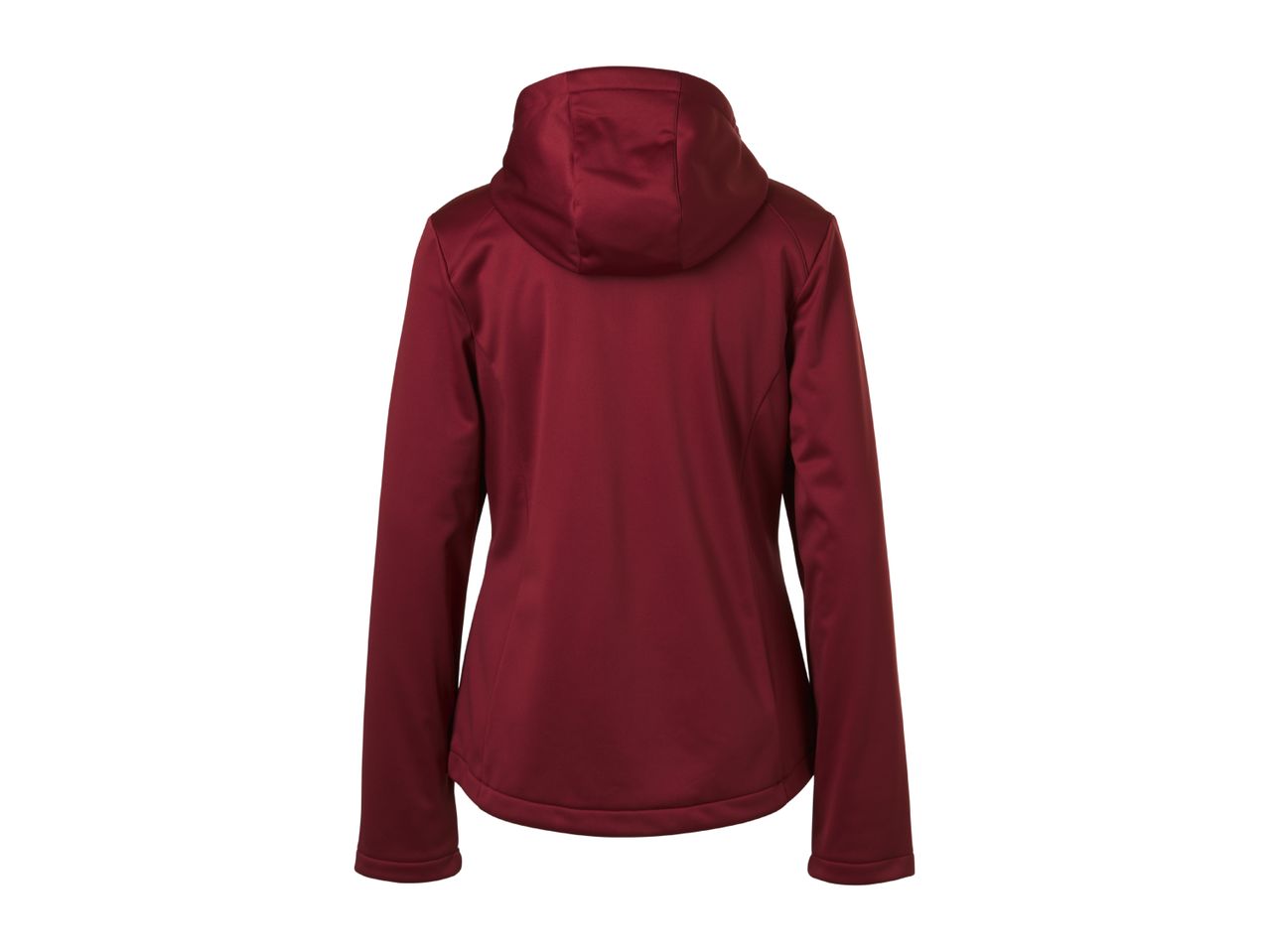 Back view of a women's dark red hooded softshell jacket