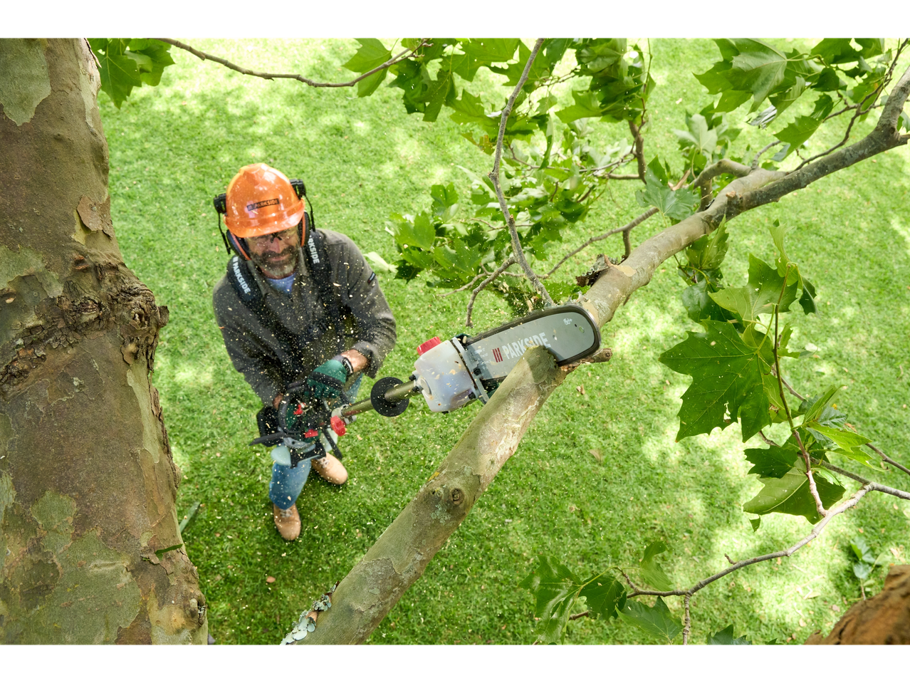 A man uses a Parkside pole saw to trim a tree branch.