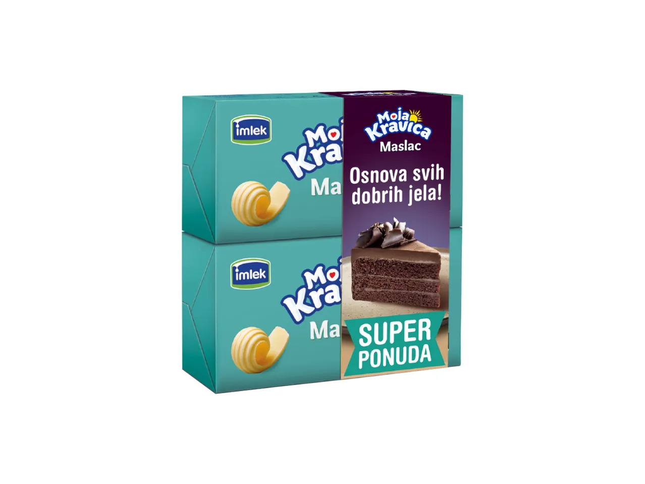 Dva pakovanja Imlek Moja Kravica maslaca sa slikom čokoladne torte.