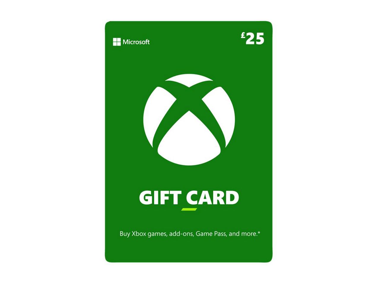 Green Xbox gift card for £25, redeemable for games, add-ons, and Game Pass.