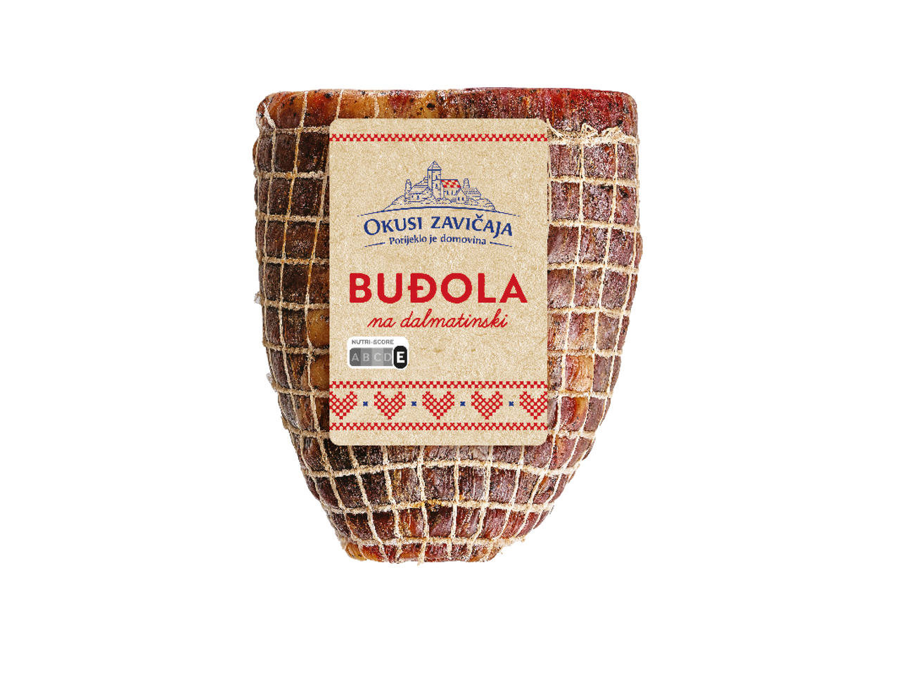 Budola na dalmatinski, sušeno meso u mrežici s etiketom Okusi zavičaja i Nutri-Score E oznakom.
