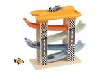 Wooden car ramp with colorful tracks and toy cars, one in motion.
