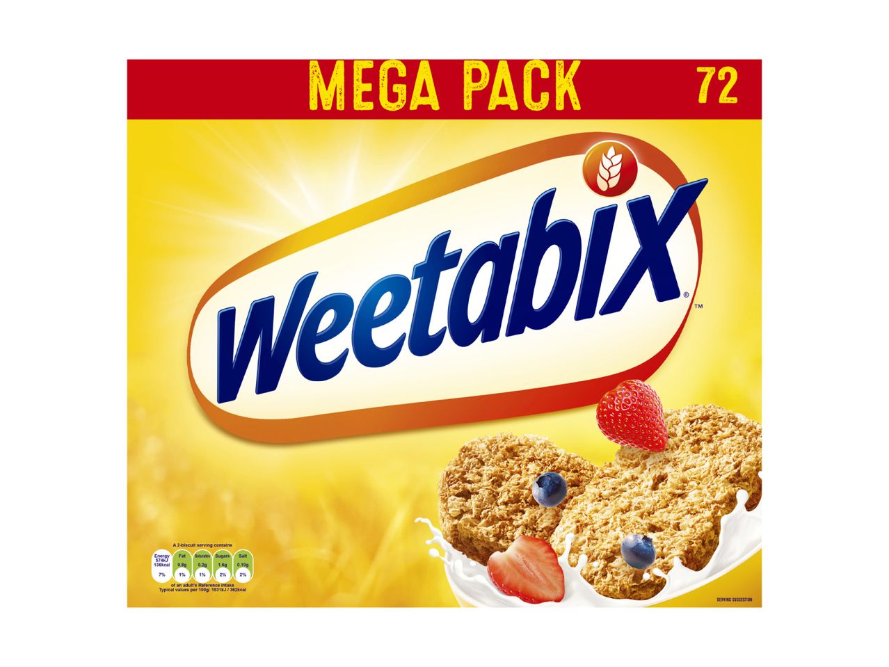 Weetabix cereal box with two biscuits, milk, and berries.