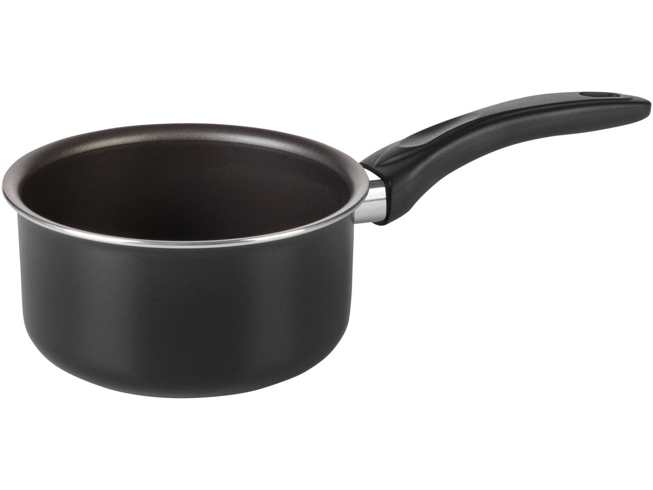 A black non-stick saucepan with a black handle.