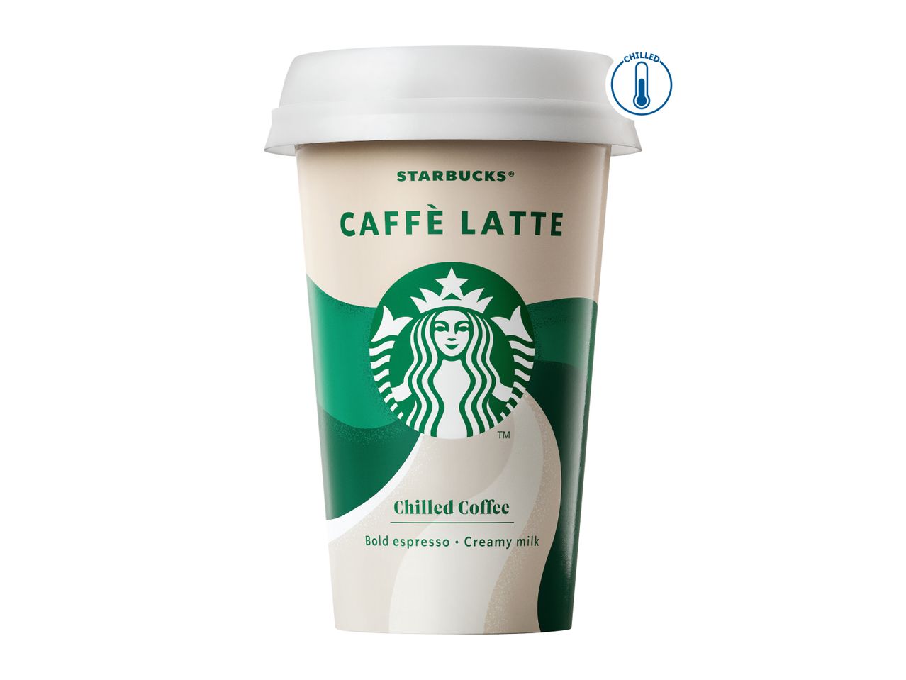 Starbucks Caffè Latte chilled coffee drink in a cup with a white lid.