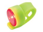 A lime green silicone bike light with a red LED lens.