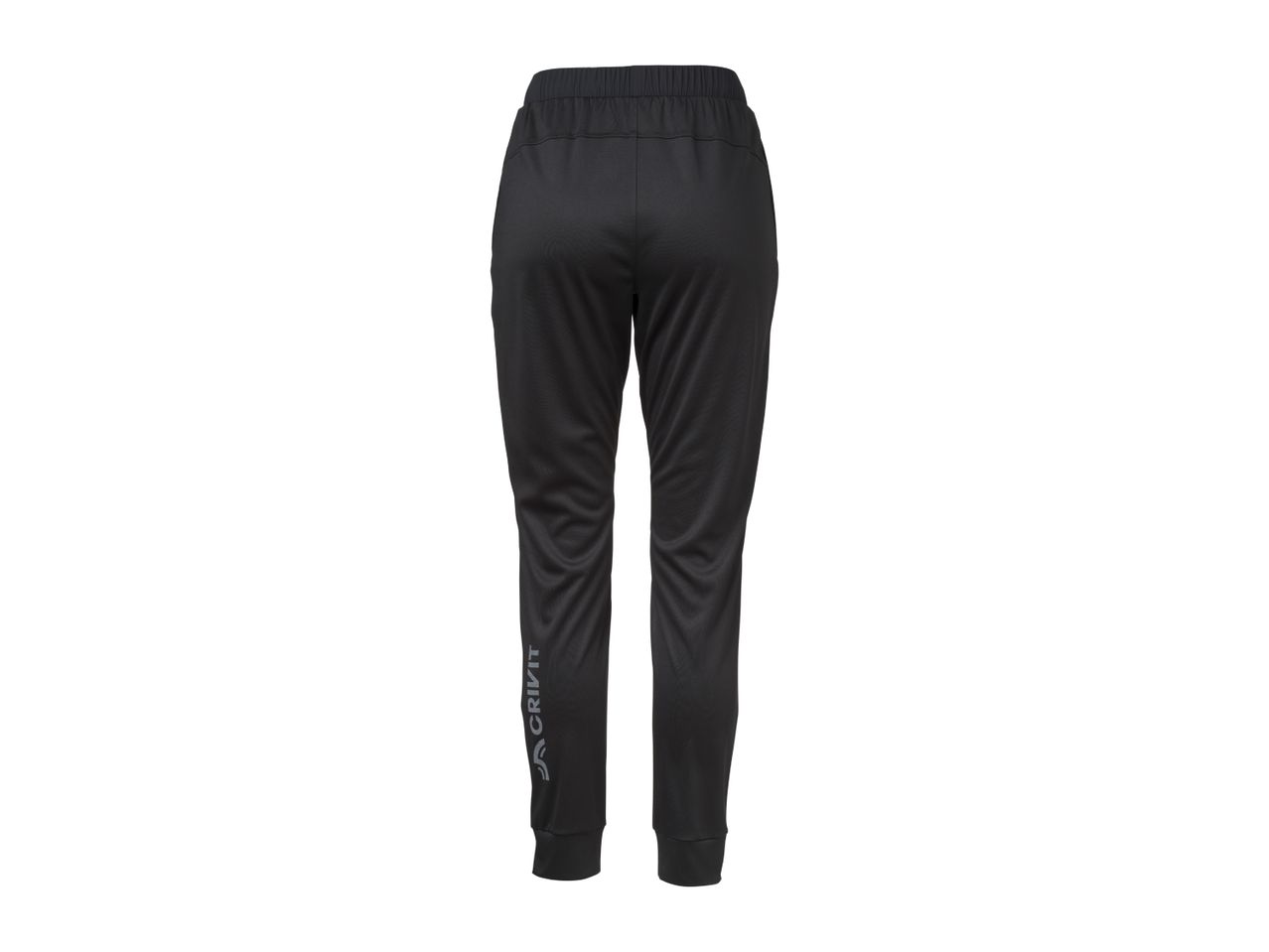 Black athletic pants with an elastic waistband and a logo on the left leg.