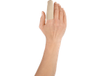Beige finger cot on a finger.