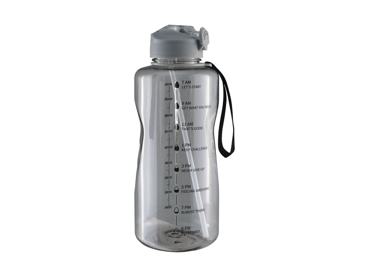 Clear water bottle with time markers and motivational phrases