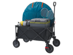 Folding wagon with badminton rackets, bag, and cooler.
