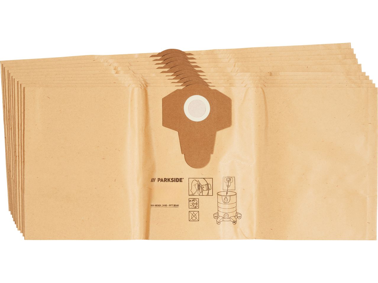 A pack of beige paper vacuum cleaner bags.