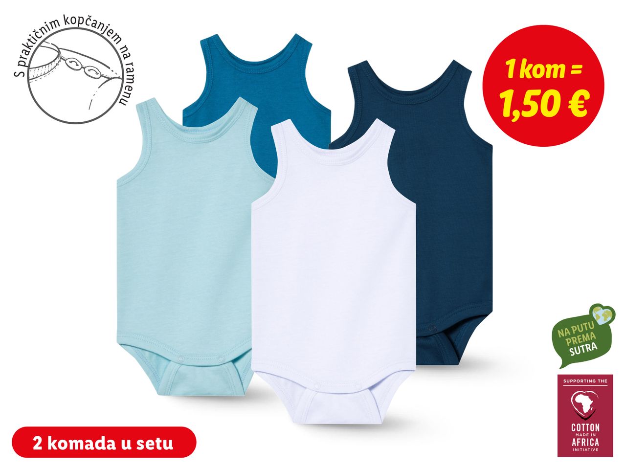 Tri pamučna baby majica bez rukava u plavoj, bijeloj i svijetloplavoj boji.