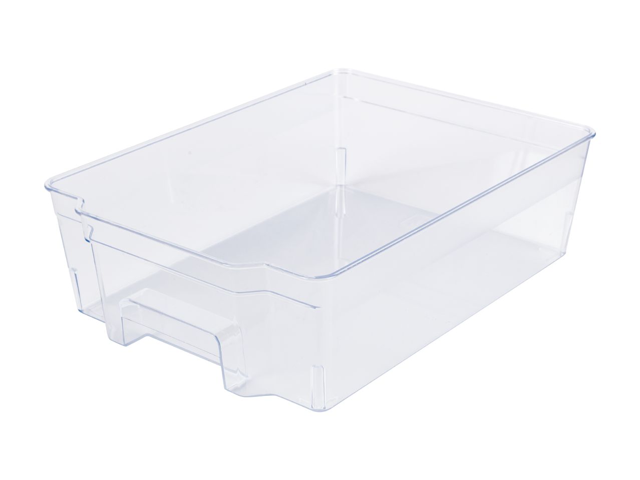 Clear plastic storage bin with a handle on one side, viewed from an angle.