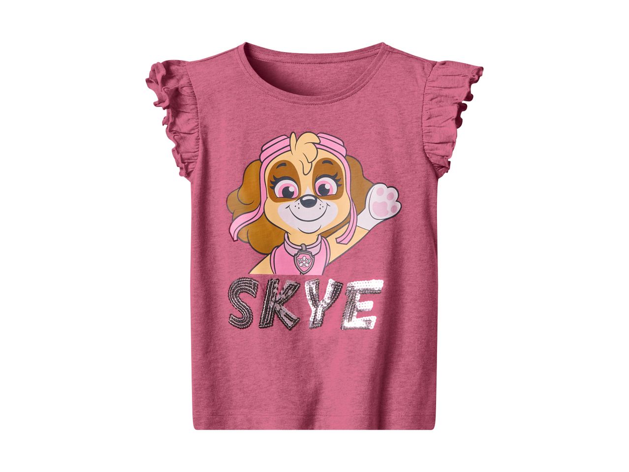 Pink Paw Patrol Skye girls' t-shirt with ruffle sleeves and sequined lettering.