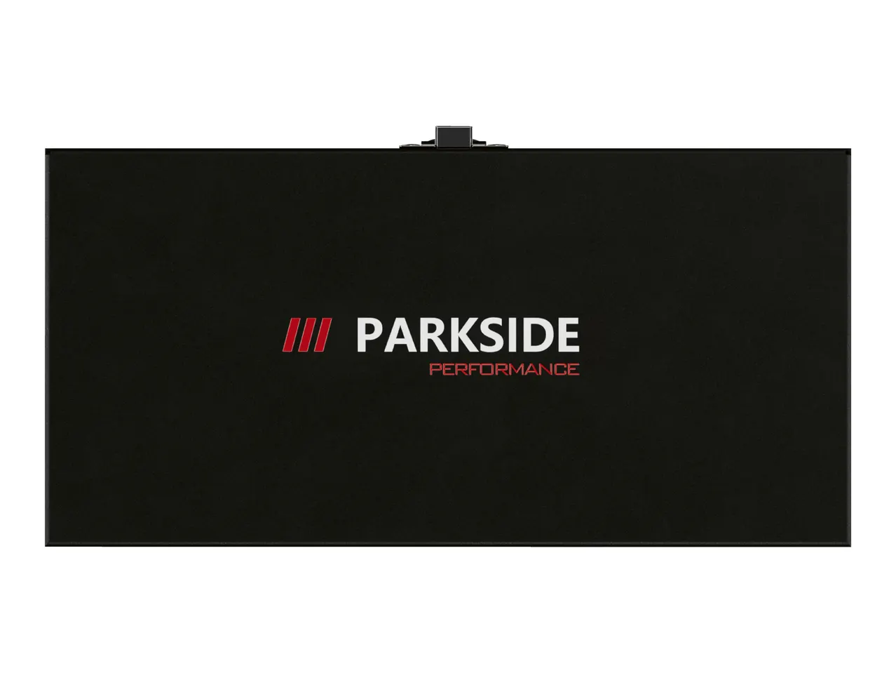 Black rectangular case with a logo and text in white and red.