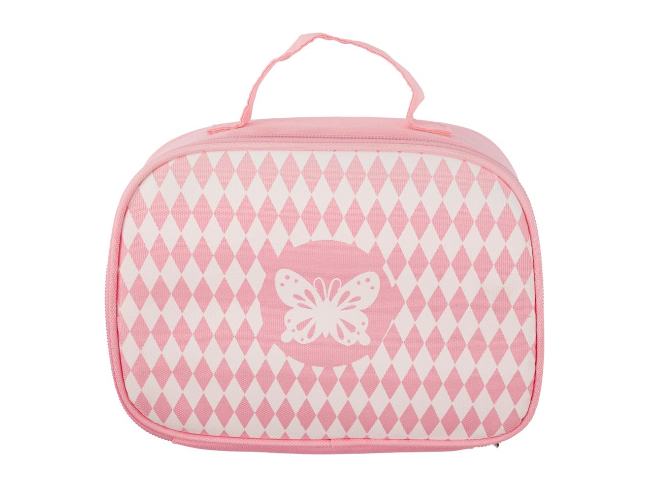 Pink and white diamond pattern lunch bag with a butterfly design and a top handle.