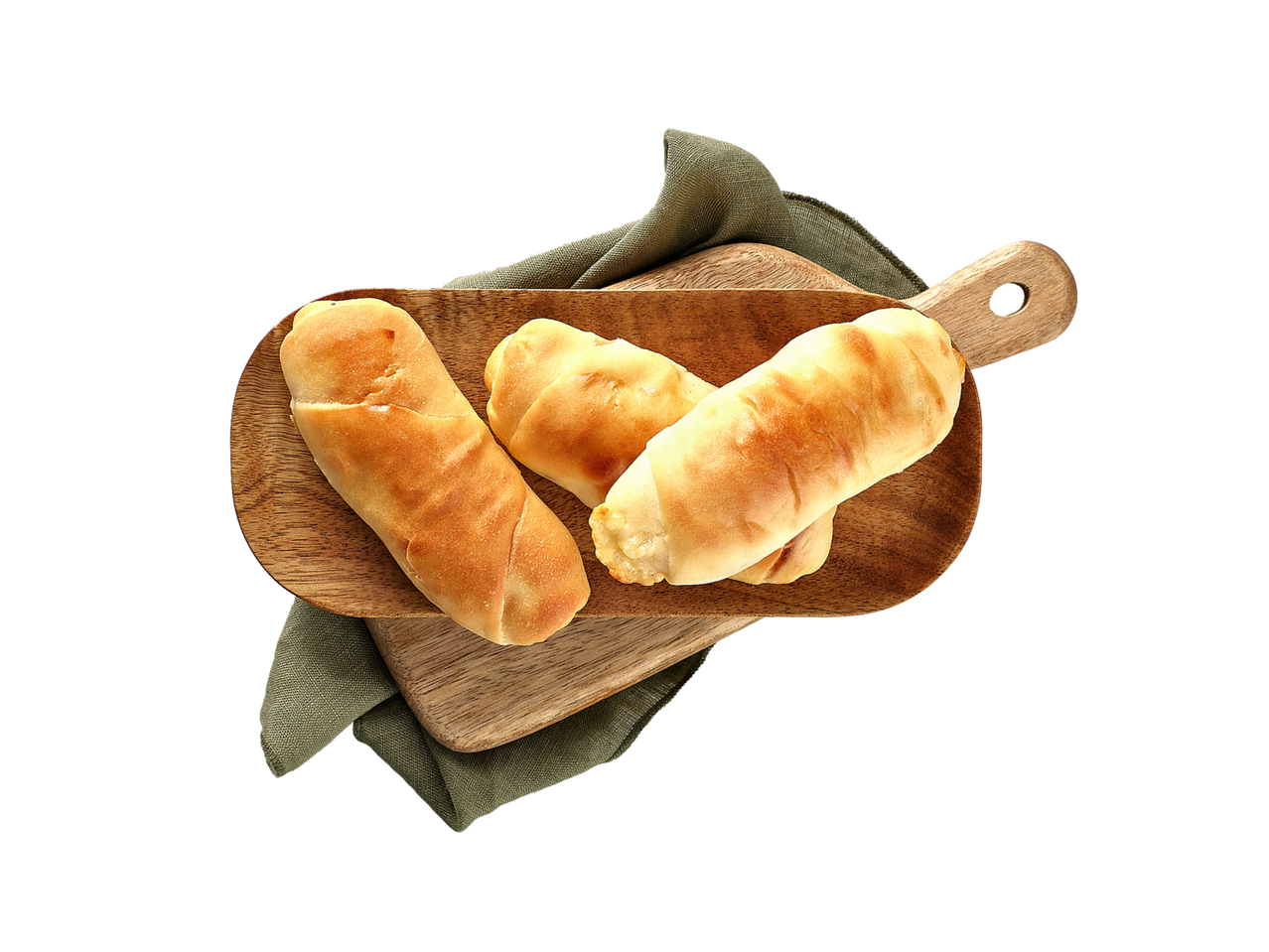 Tri pečena peciva na drvenoj dasci za posluživanje s tamnozelenom krpom.