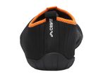 Rear view of a black water shoe with an orange trim and a pull tab.