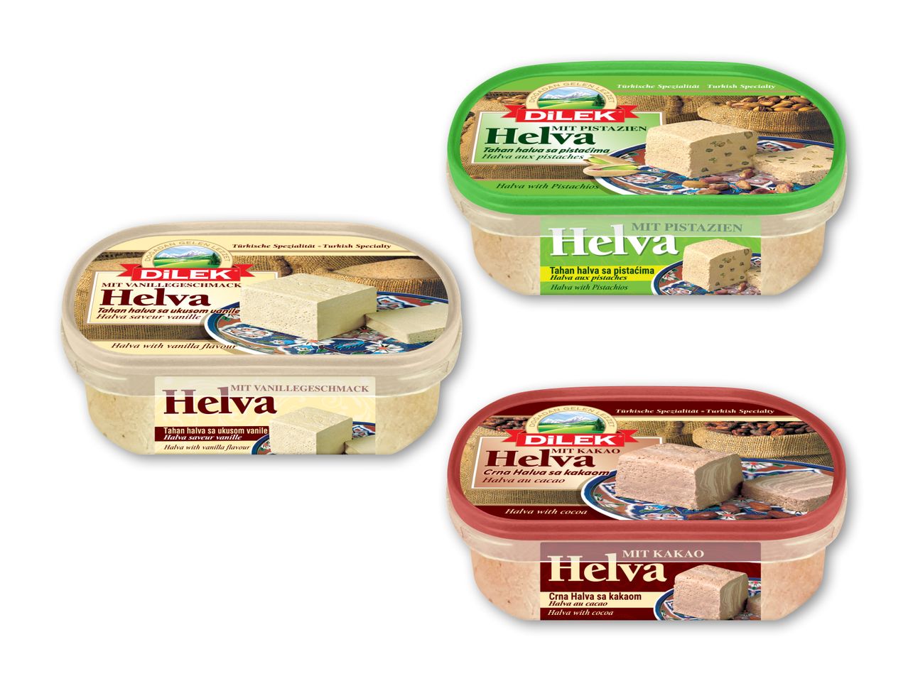 Tre beholdere med halva i forskellige smagsvarianter: pistacie, vanilje og kakao.