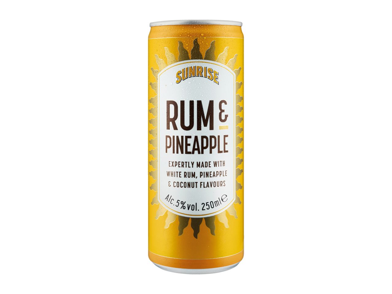 A yellow can of rum and pineapple drink with coconut flavours, 5% alcohol, 250ml.