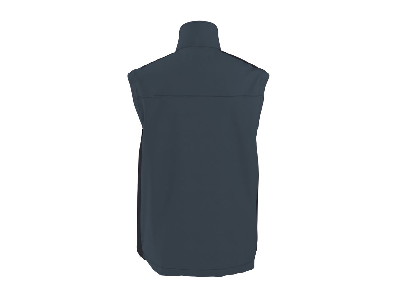 Back view of a dark blue sleeveless vest with a high collar.