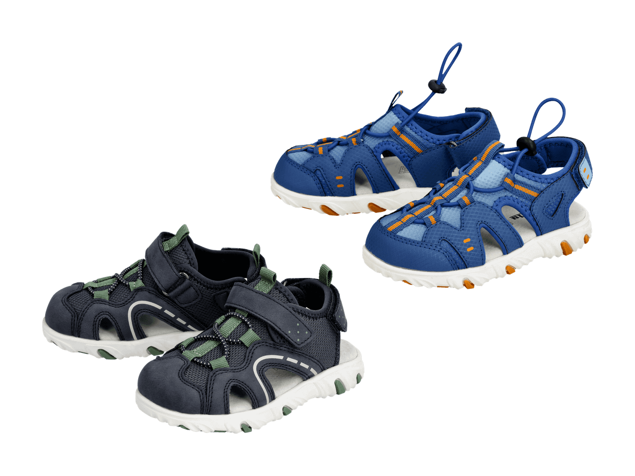 Zwei Paar Sportsandalen für Kinder, eines blau-orange, das andere dunkelblau-grün.