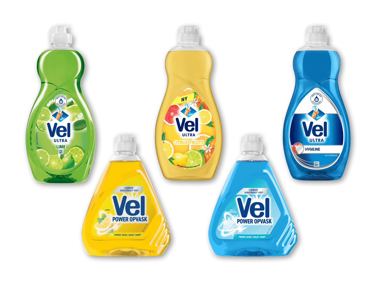 Fem flasker opvaskemiddel i forskellige farver og dufte, herunder lime, citrusfrugter og hygiejne.