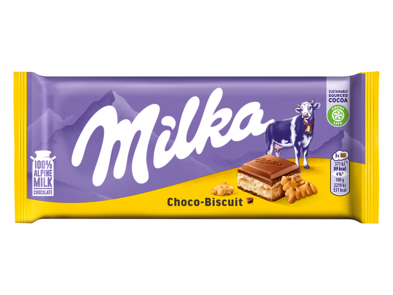 Een verpakking van een melkchocoladereep met biscuitvulling.