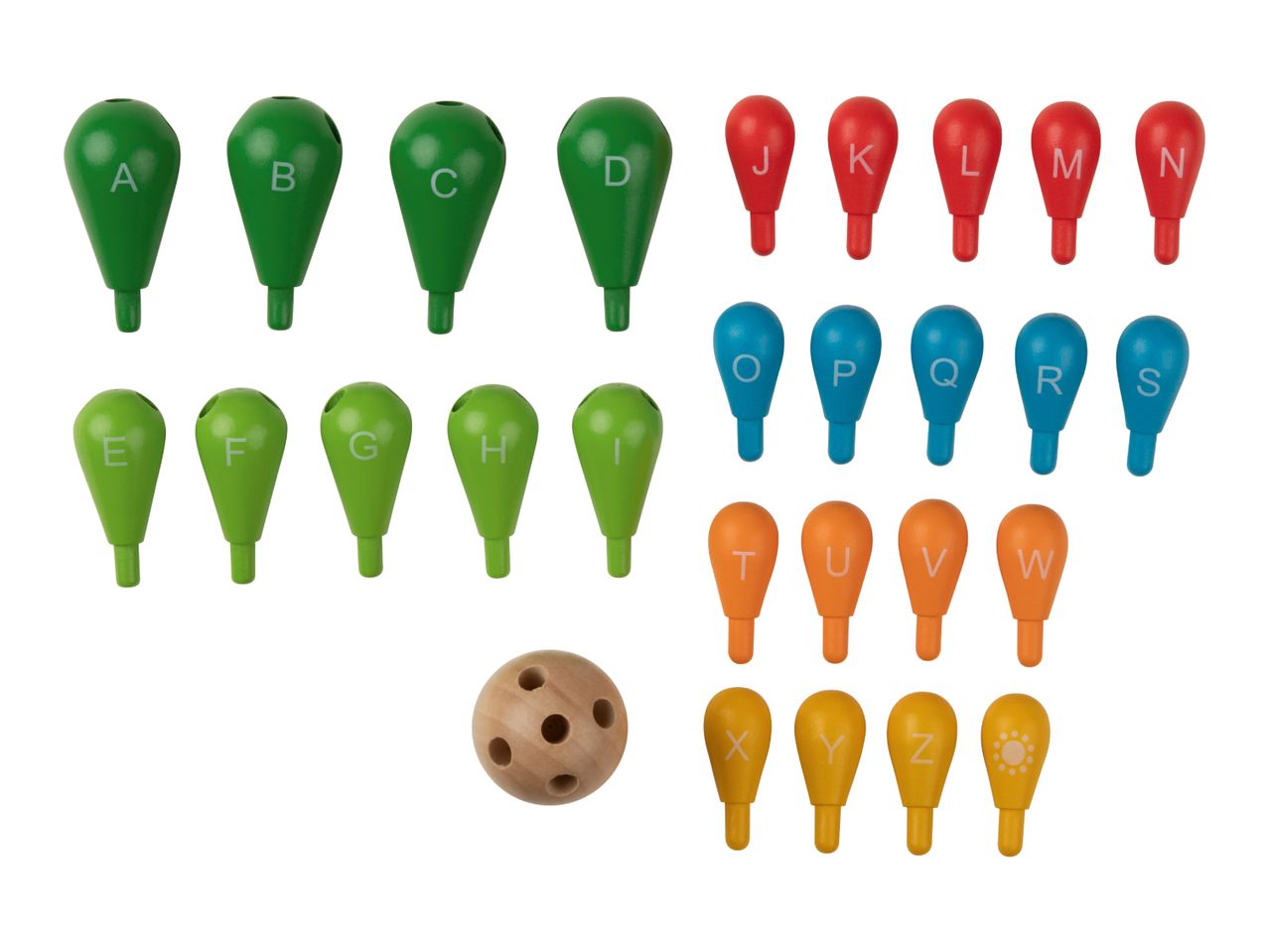 Alphabet letter pegs in various colors with a wooden ball.