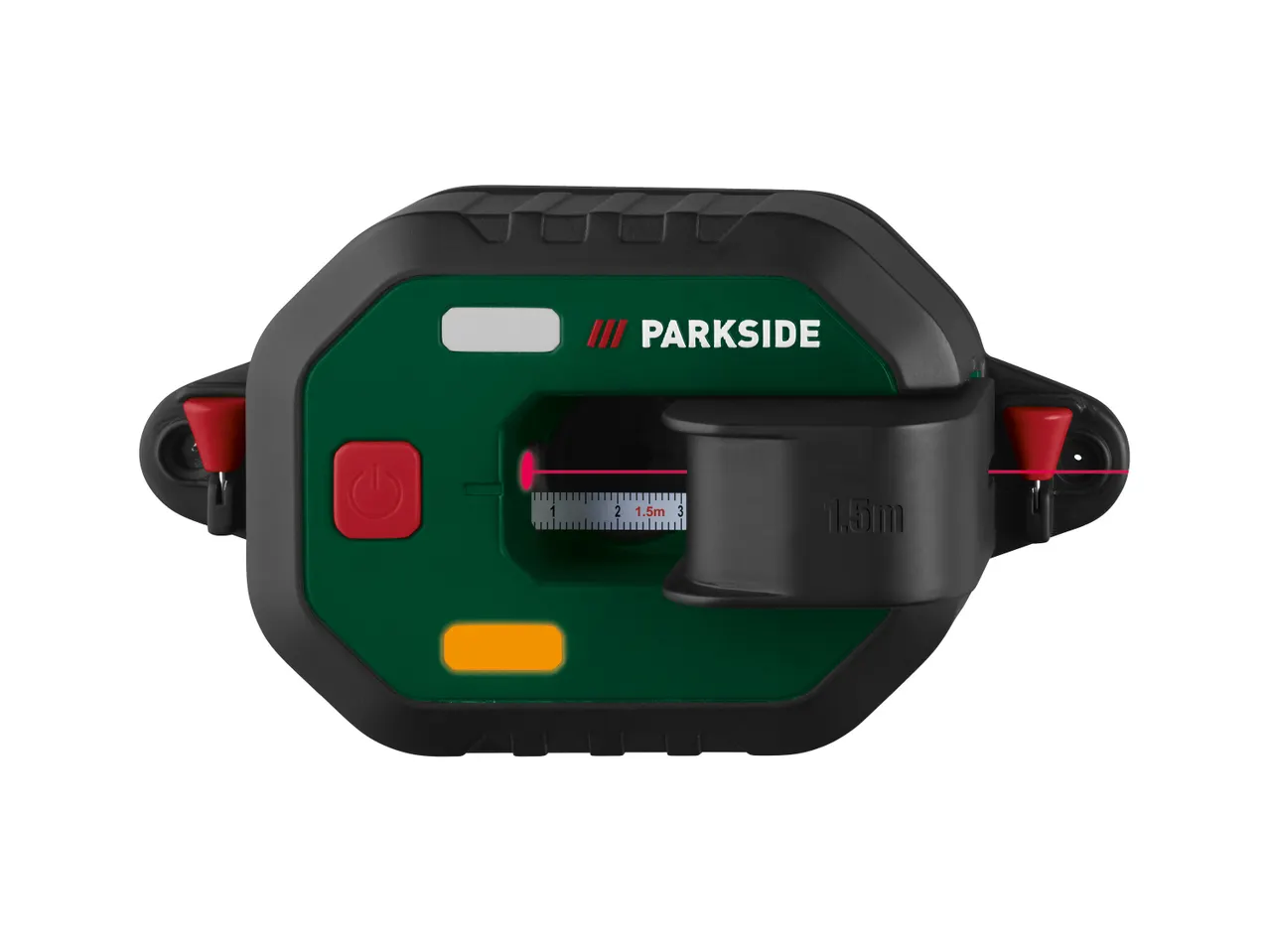 Лазерен нивелир Parkside с измервателна лента и червена лазерна линия.