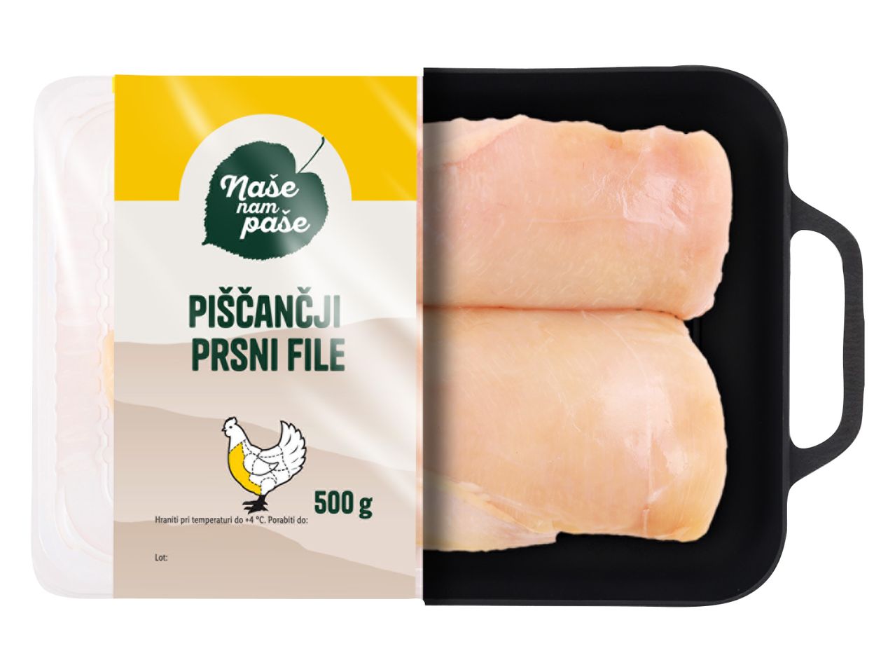 Pakiranje dveh piščančjih prsi, blagovna znamka Ptuj perutnina.
