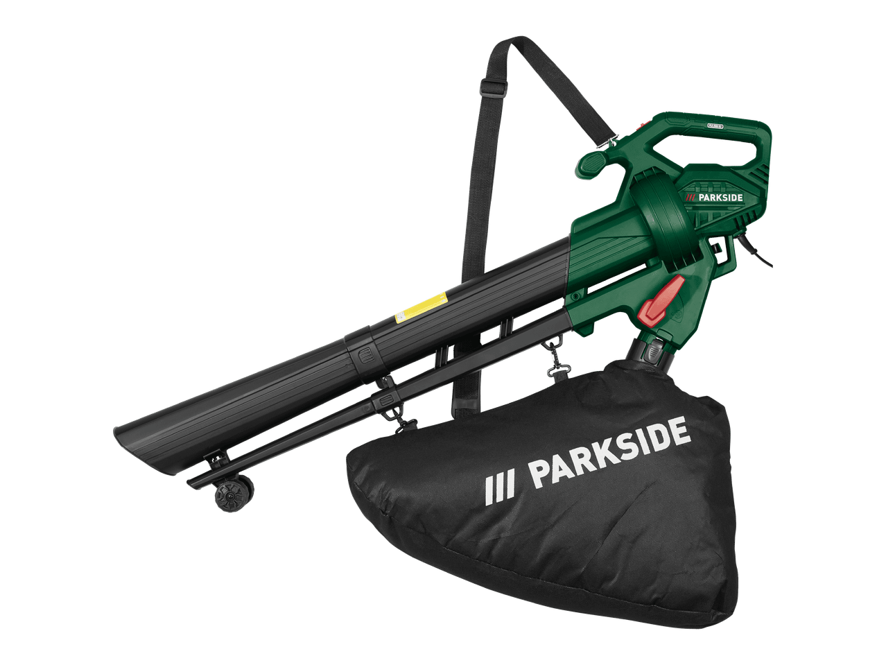 Parkside-lehtipuhallin, jossa on musta keräyspussi ja olkahihna.